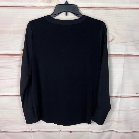 Ann Taylor Top Womens PM Black Long Sleeve Blouse Knit Woven V-Neck Pullover - Picture 2 of 6